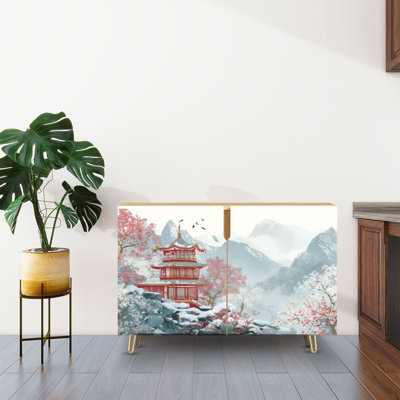 Buffet Buffet avec rangement Pagode chinoise traditionnelle enneigée, paysage de cerisiers en fleurs avec 2 portes pour le salon et la cuisine