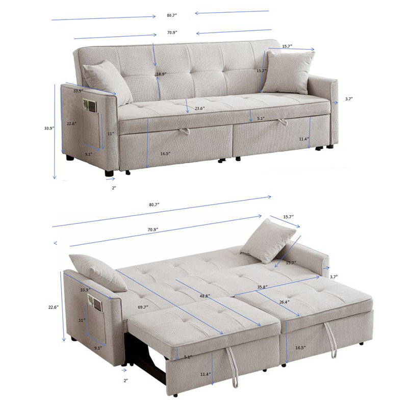 Tyjah 81” Large Size Fabric Sofa, 3-in-1 Multi-Functional Sofa Bed with Storage Space, Ivory