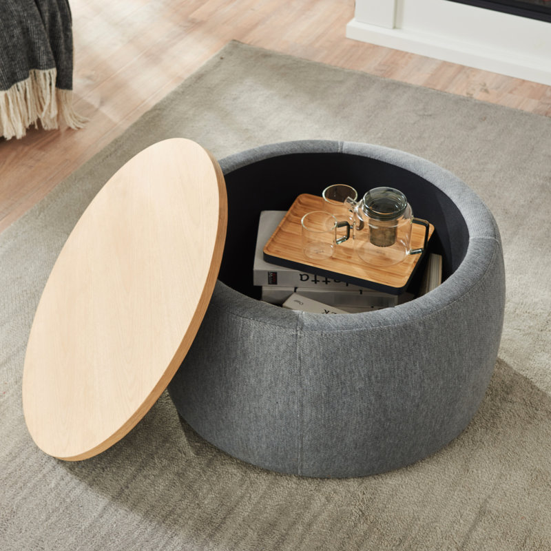 Repose-pieds rond 26 po avec rangement en tissu et bois naturel et gris foncé
