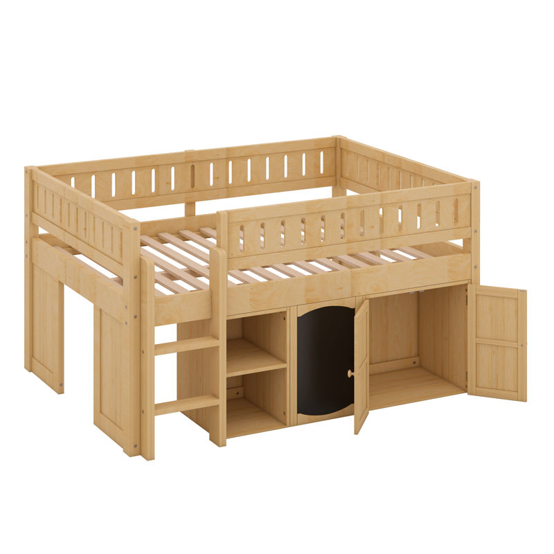 Lit mezzanine double avec armoire de rangement et tableau noir, Naturel