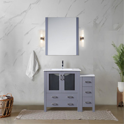 42 po Meuble-lavabo simple large bleu marine pour salle de bain avec armoire latérale, surface en céramique blanche, robinet, mécanisme de fermeture en douceur, 1 armoire et 5 tiroirs avec salle de bain avec comptoir, robinet, fonction fermée,