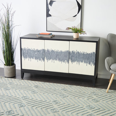 Mango Wood 3 Door And 3 Shelf Black Media Credenza Sideboard With White Front And Blue Striped Pattern