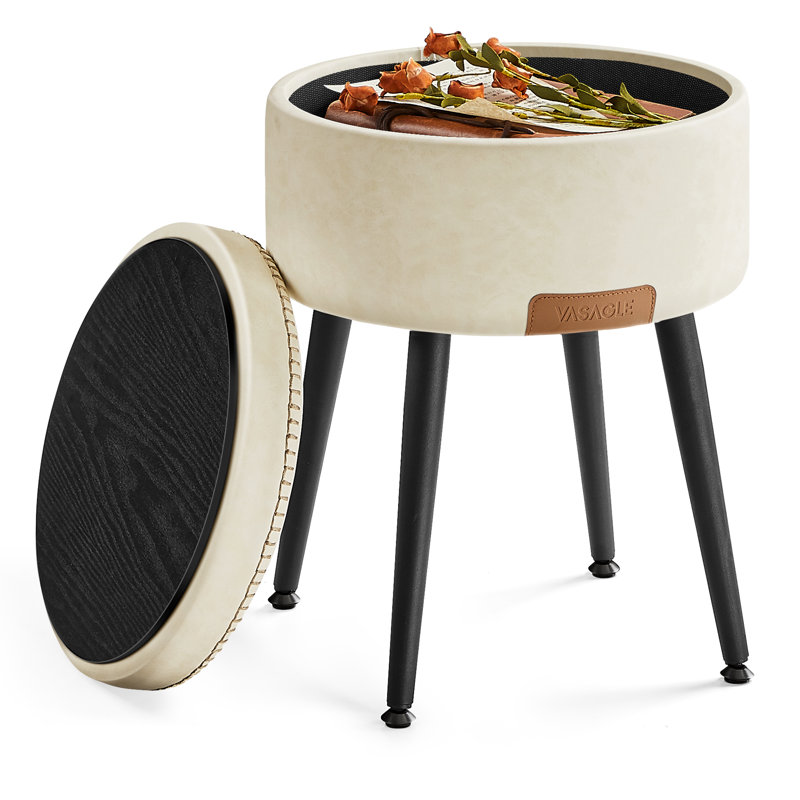Storage Ottoman, Vanity Stool, Synthetic Leather With Stitching, Mid-Century Modern, Round Storage Seat, White