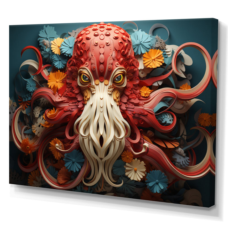 Squid Enigmatic Cephalopod Geometric I - Animals Wall Decor, H 24 po x l 32 po, Toile tendue