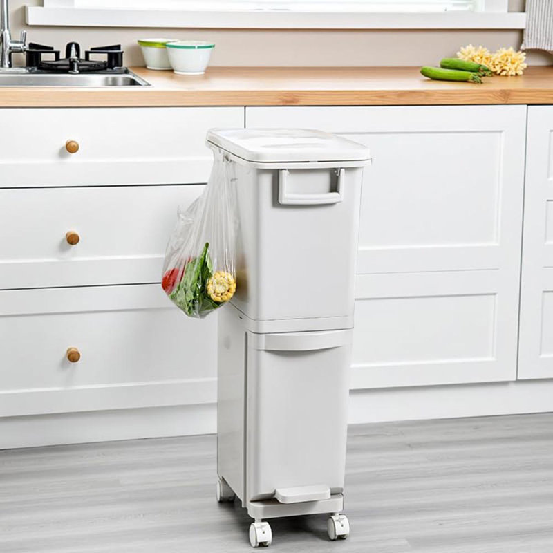Vertical Waste Bin With Dual Compartments & Pedal – Dry & Wet Trash Separator With Wheels – Slim, Durable Recycling Container For Compact Kitchens, Homes & Workspaces