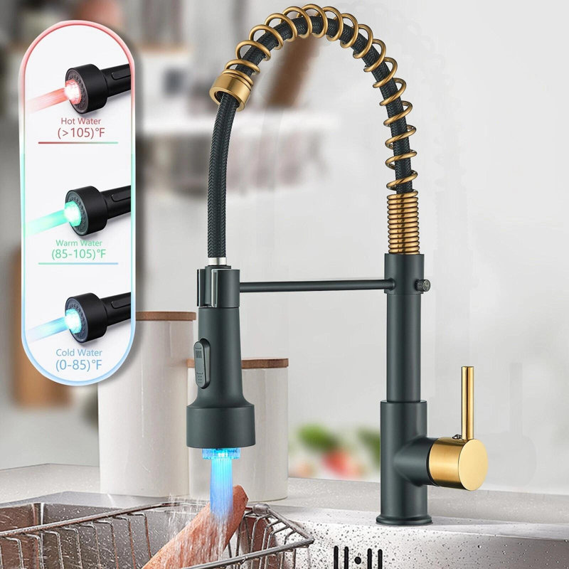 Kitchen Faucet with Sprayer Single Handle Pull Down Sprayer Spring Kitchen Sink Faucet with LED Light, Black&Brushed Gold