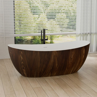 67" X 29.5" Freestanding Solid Surface Bathtub With Rich Wooden Texture – Stone Resin Tub With Ergonomic Design