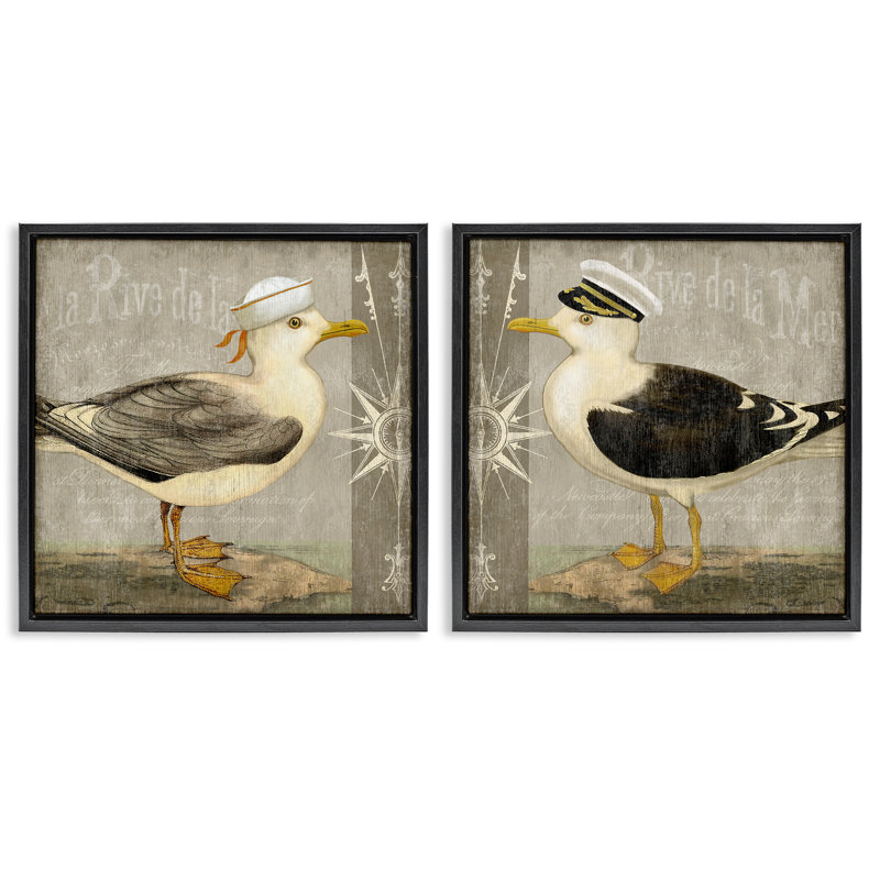 Ensemble de 2 cadres flottants Little Seagulls with Hats, par Suzanne Nicoll, H 18 po x l 18 po, Cadre flottant noir de jais