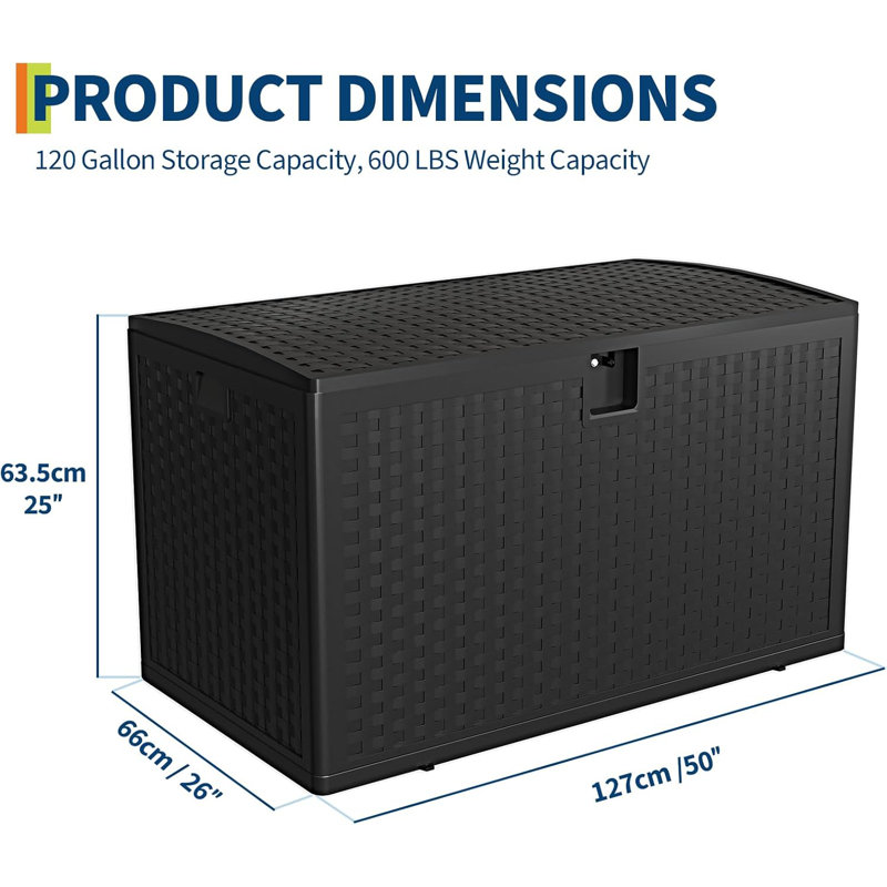 Boîte de rangement extérieure imperméable 130 gallons, boîtes de rangement d'extérieur, Noir, H 25 po x l 50 po x P 26 po