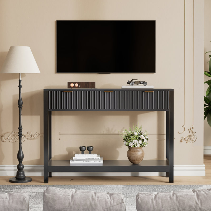 43.3" Fluted Console Table with 3 Drawers and Open Storage Shelf, Black Entryway Table for Living Room & Hallway, 11.8"D x 43.3"W x 31.5"H