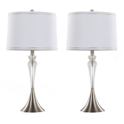 28" Contemporary Crystal Table Lamp in Clear Crystal, Brushed Nickel and Linen Shade with Trim from Grandview Gallery  - Set of 2