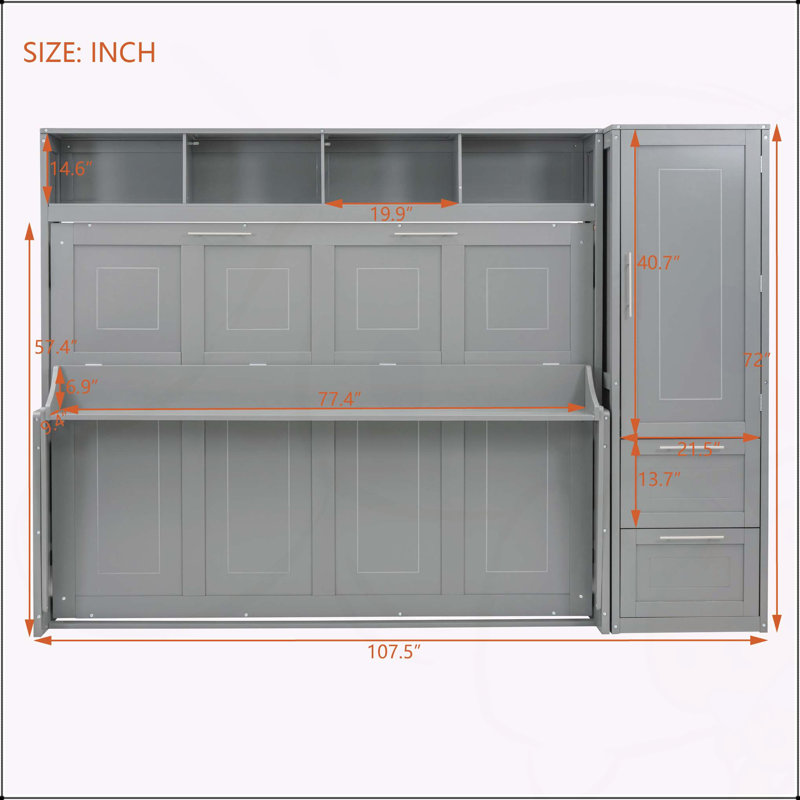 Lit escamotable mural avec placard et tiroirs Murphy, gris, Double