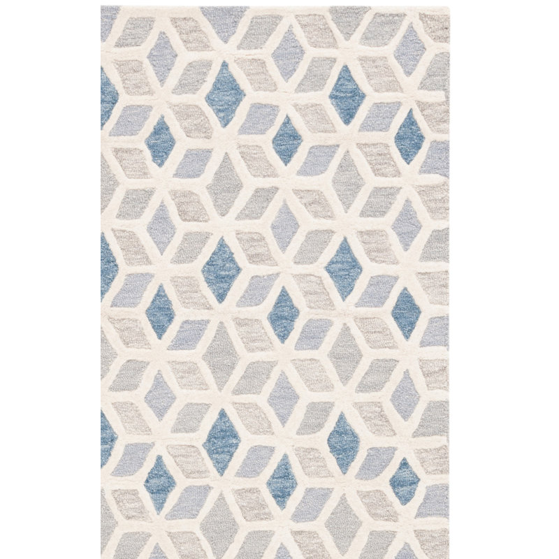Tapis géométrique en laine / coton touffeté à la main ébène ivoire / bleu, Rectangle 6 pi x 9 pi