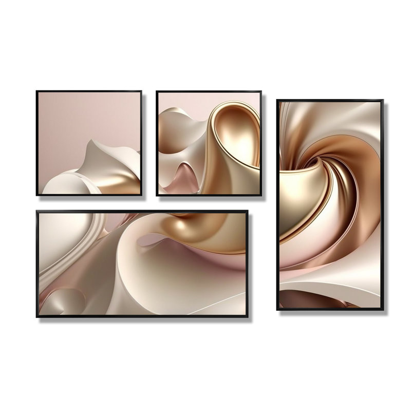Subtle Sophistication In Exquisite Pink And Gold II - Modern Wall Decor 4 Pieces, Black, Framed Print without Mat