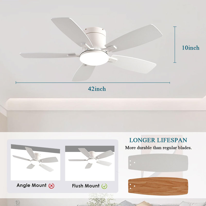 42 inch Low Profile Ceiling Fan with Light and Remote Control, White, White