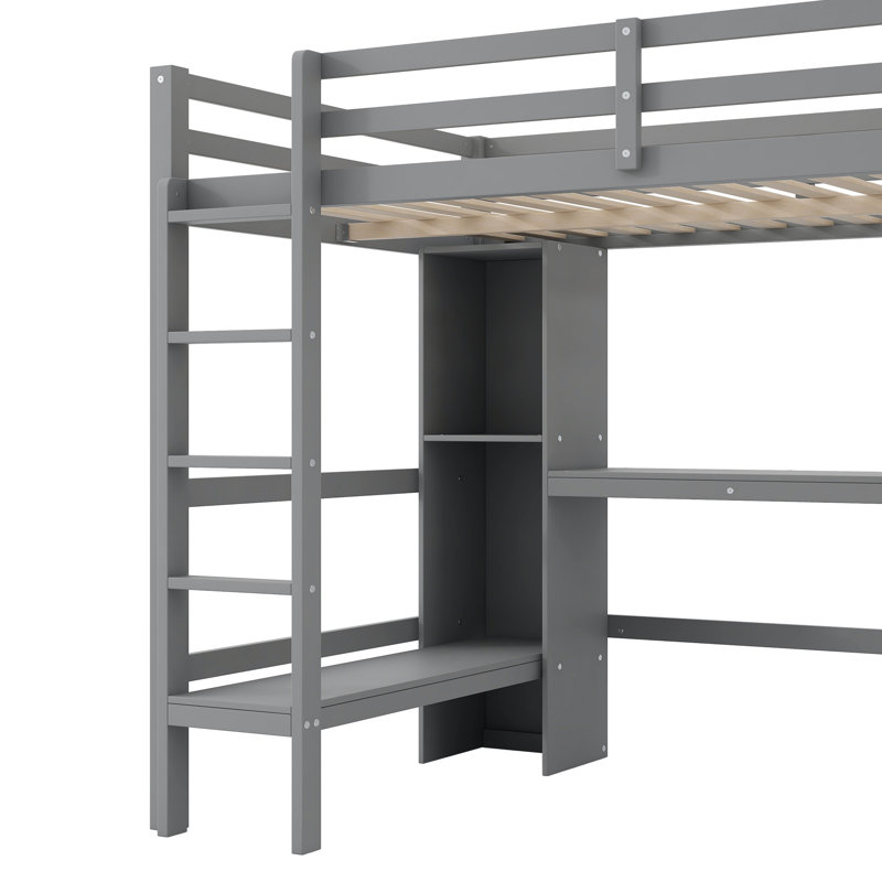 Lit mezzanine avec tablettes multifonctionnelles et bureau sous le lit, gris