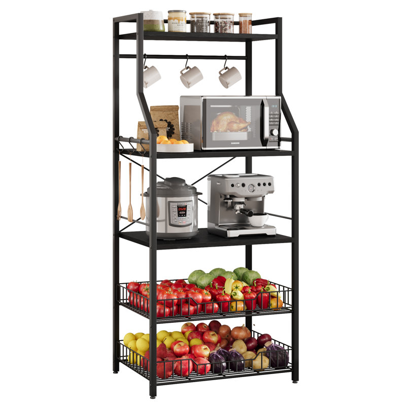 Kitchen Bakers Rack, Microwave Oven Stand with 2 Large Wire Basket, Industrial Coffee Bar Station, 5-Tier Kitchen Utility Storage Shelf with 8 Hooks for Spice, Pots Organizer