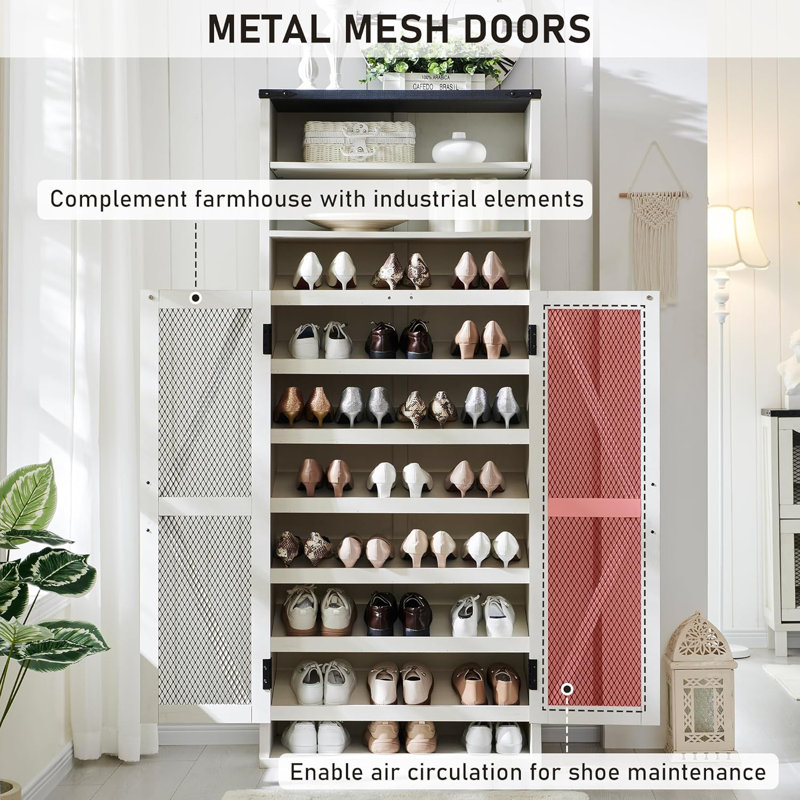 10-Tier 40 Pair Shoe Storage Cabinet with Adjustable Shelves & Open Cubbys, Farmhouse Wood Tall Entryway Shoe Cabinet with 2 Doors