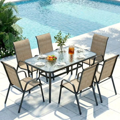 Patio Dining Set For 6, Outdoor Table And Chairs With 1.69'' Umbrella Hole, All Weather Patio Furniture Set, 30"X 55" Table And Stackable Pvc-Coated Polyester Chair, For Lawn, Deck (Umbrella Not Included)(Black Table & Brown Chairs )