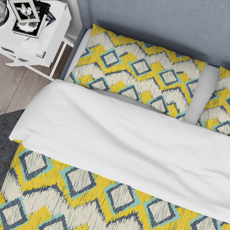 Yellow Ikat Ogee - Ensemble de housse de couette abstrait - Microfibre de polyester