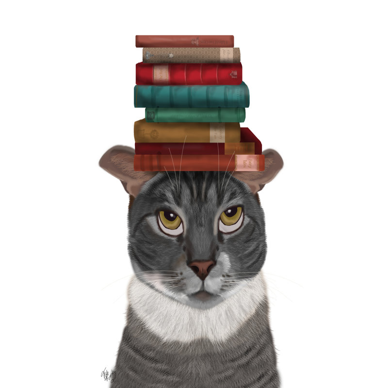 Chat gris avec des livres sur la tête, H 36 po x l 24 po x P 1 po