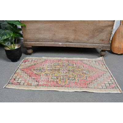 Tapis turc vintage en laine Oushak rouge pour porte d'entrée et petits espaces 12837 - rouge / jaune