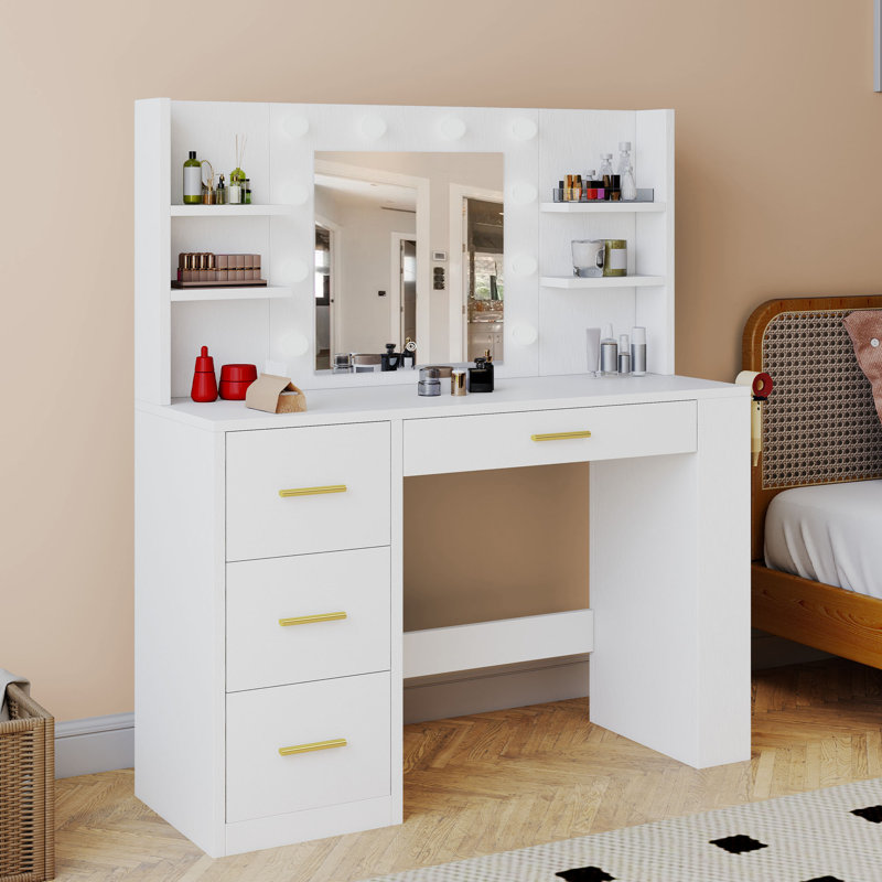  Meuble-lavabo 39,5 po avec miroir à DEL Hollywood et prise de courant, Blanc