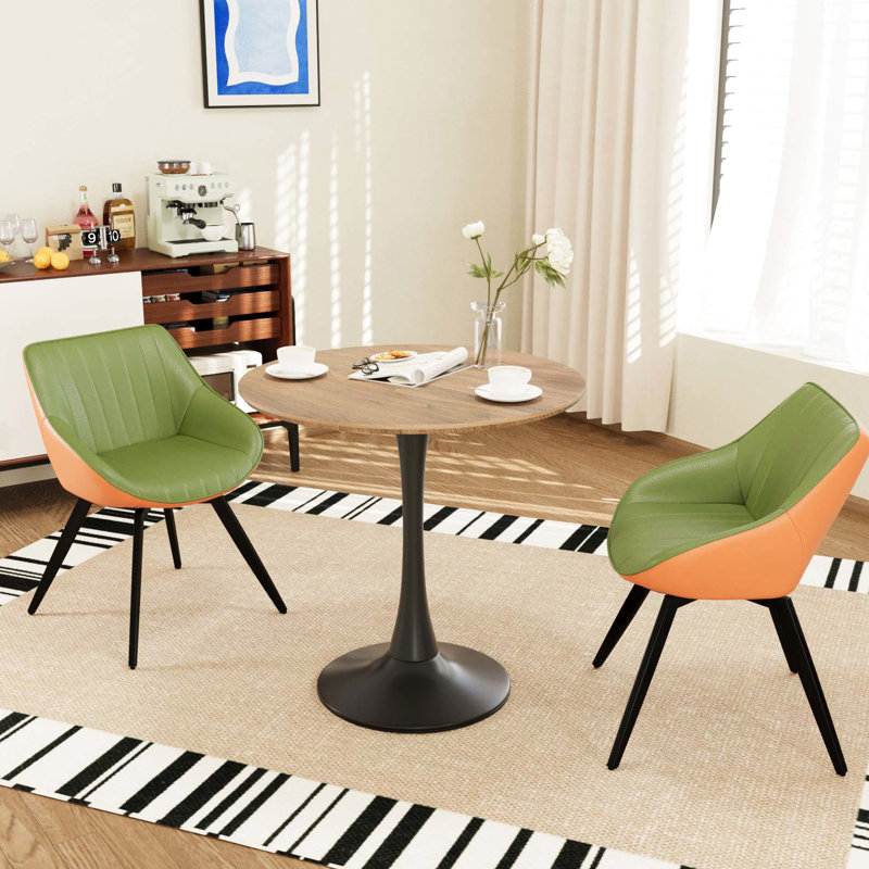 Multi-fonctionnel 3 pièces: table de salle à manger ronde tulipe de couleur noyer 31,5 po et 2 chaises ergonomiques en cuir artificiel, 4 personnes, assise confortable, base, coussin épais facile à installer,