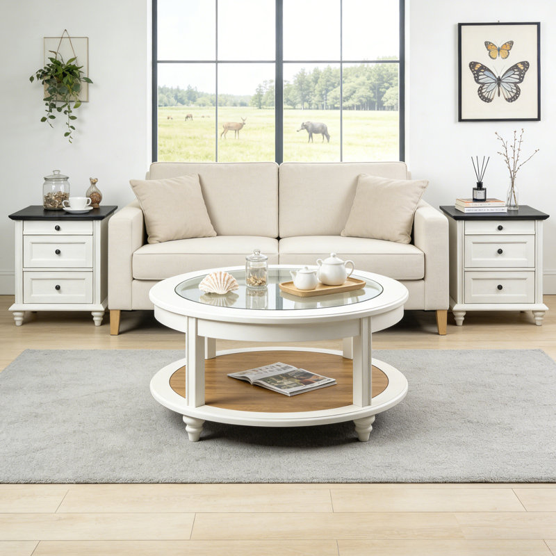 Rutland Set Of 2, Farmhouse Bed Side Table And 3 Storage Drawers With Solid Wood Legs For Bedroom, White