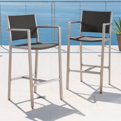 Tabourets de bar d'extérieur en aluminium antirouille 29,50 po avec siège et dossier en rotin PE, ensemble de 2, argent et gris