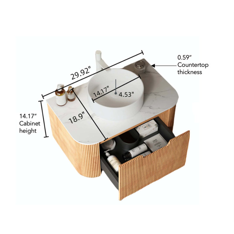 Bathroom Vanity With Sink, Modern Wall-Mounted Floating Curved Edges Striped Bathroom Storage Cabinet With A Drawer Round Ceramic Basin Without Faucet, Pre-Assembled