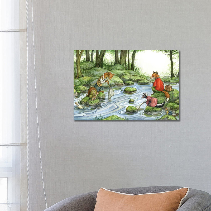 Fishing With Hector Fox And Friends, 18" H x 26" W x 1.5" D, No Mat, Wrapped Canvas