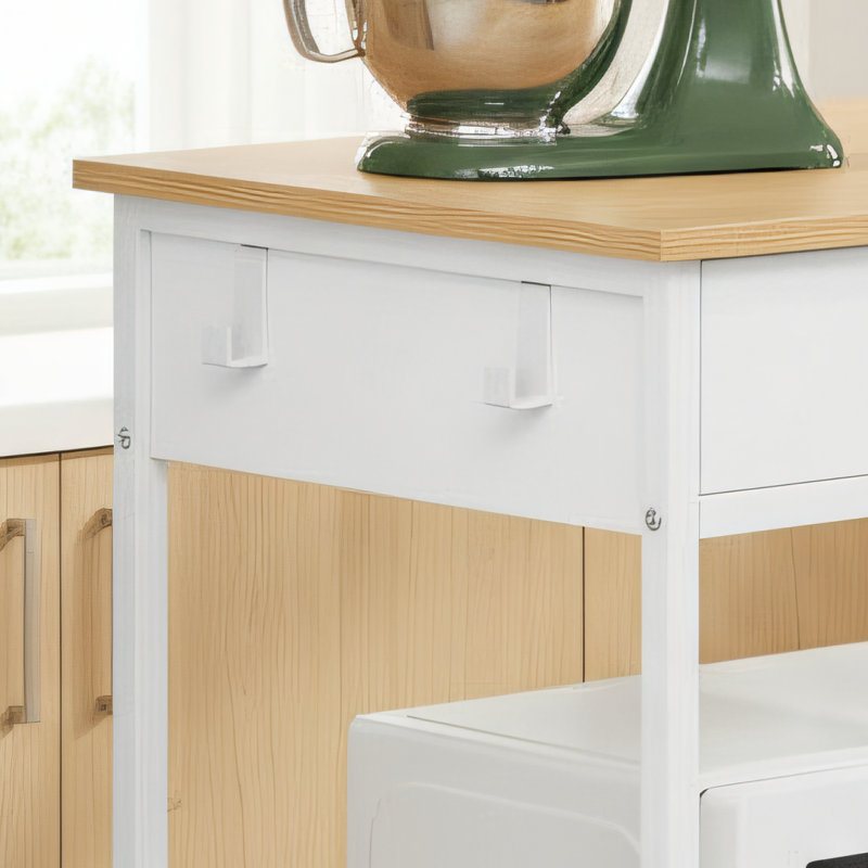 Oak Beige And Matte White Kitchen Island With Wheeled Storage Trolley, Drawers, And 2 Hooks. 17.9 X 23.7 X 35.6 Inches, Suitable For Dining Rooms.