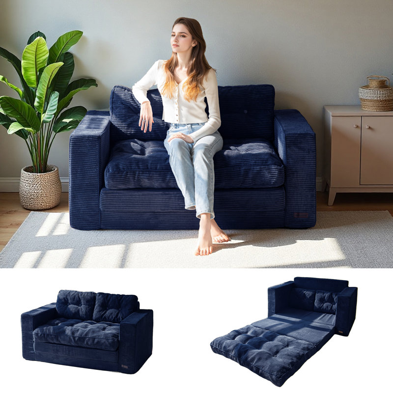 Canapé Bean Bag, Velours côtelé bleu marine, H 29,5 po x l 55,5 po x P 32 po