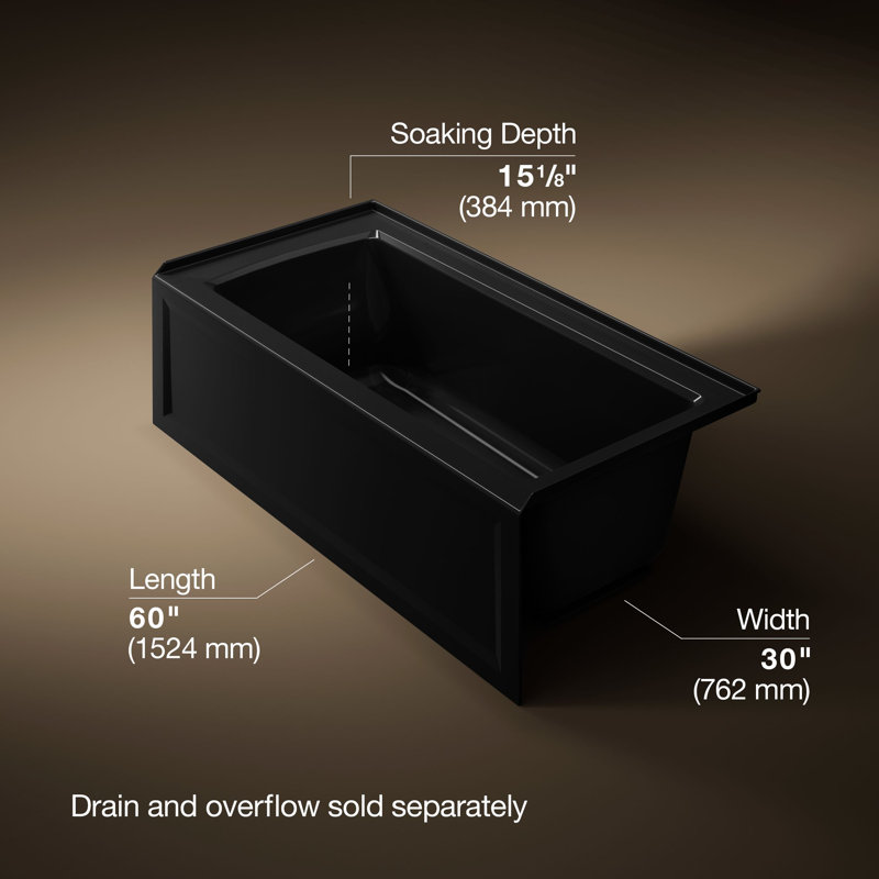 Archer® 60" x 30" Alcove/Tile in Soaking Bathtub, Black, Right