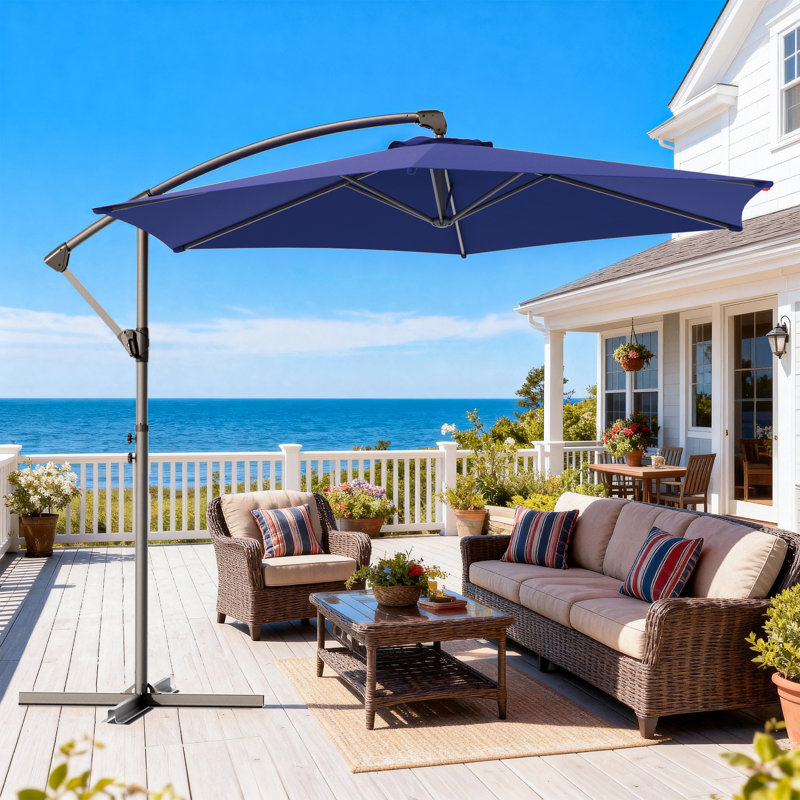 Parasol décalé en porte-à-faux 10 pi avec base en croix, parasol d'extérieur suspendu avec manivelle et inclinaison, résistant aux rayons UV pour la terrasse