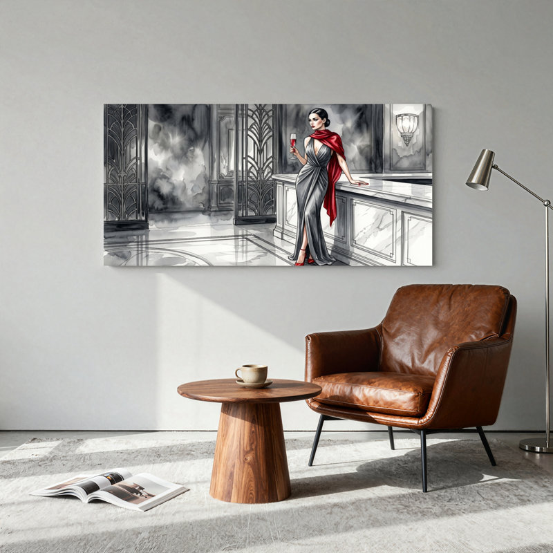 Ensemble de 1 tableau sur toile représentant une femme élégante, L 32 po x H 16 po, Toile tendue