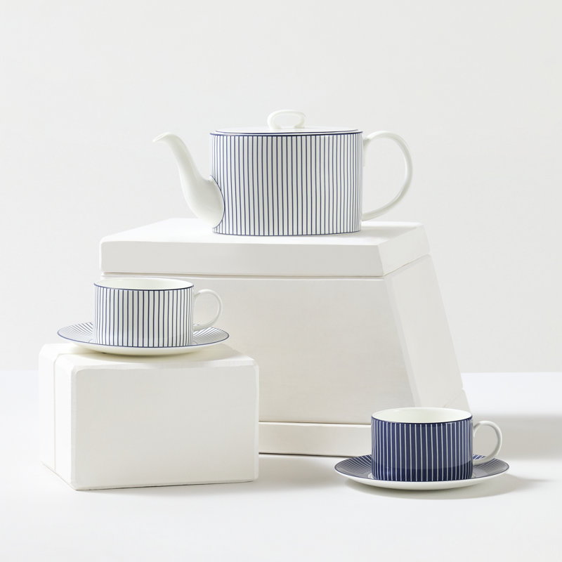 Gio Blue 7.4floz Teacup & Saucer Pinstripe, Blue/White