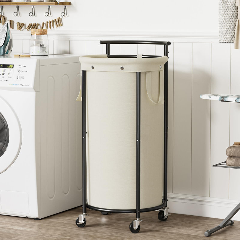 Laundry Hamper With Wheels,Round Iron Laundry Cart With Steel Frame And Handle,Rolling Laundry Basket With Removable Bag,(Beige/110L)