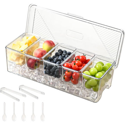 5 Compartment Ice Chilled Condiment Serving Tray with Lid, Portable Garnish Caddy for Outdoor Party Buffet
