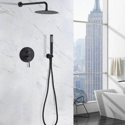Wall Mounted Shower In Matt Black. 10" Rain Head And Handheld. Balancing Valve. Adjustable Holder, 360° Rotation. Corrosion . 1.8 Gpm Flow Rate. Dual Type. Compatible With Us Plumbing , Flow. Head.