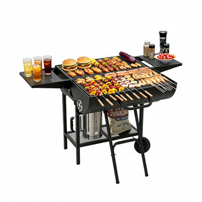 Double Sided Barrel Charcoal Grill, 760 sq.in. BBQ Grill with Side Tables & Wheels for Backyard Outdoor Cooking