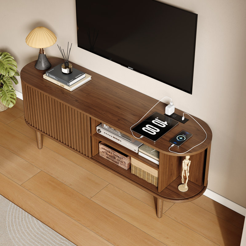 Mid-Century Modern Fluted Oval Tv Stand With Built-In Power Outlet To Fits Up To 75" Tvs, 7.88”H x 59.06”L x 15.75”W