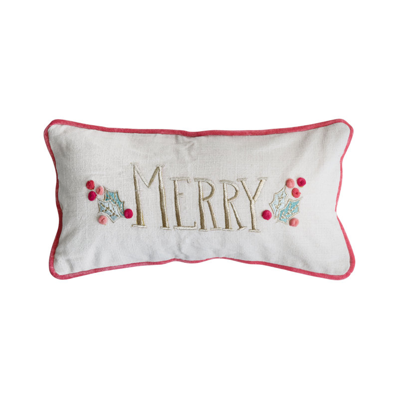 Coussin lombaire Slub avec broderie à la main, pompons, passepoil et dos en velours «Merry», Noël multicolore