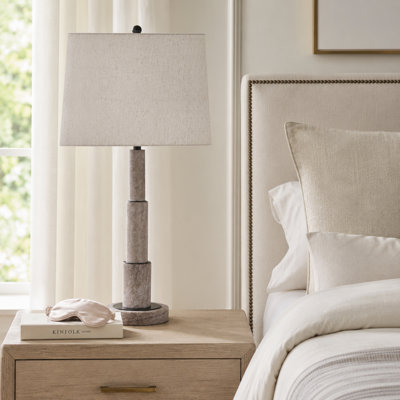 Modern Marble Table Lamp for Living Room Lighting - Small Accent Desk Lamp with Column Base for Bedroom Bedside Display - 27", Ivory & Tan