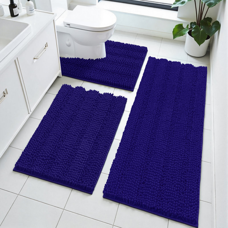 3 Piece Soft Absorbent Bath Rug Set With Non-Slip Backing, Navy Blue