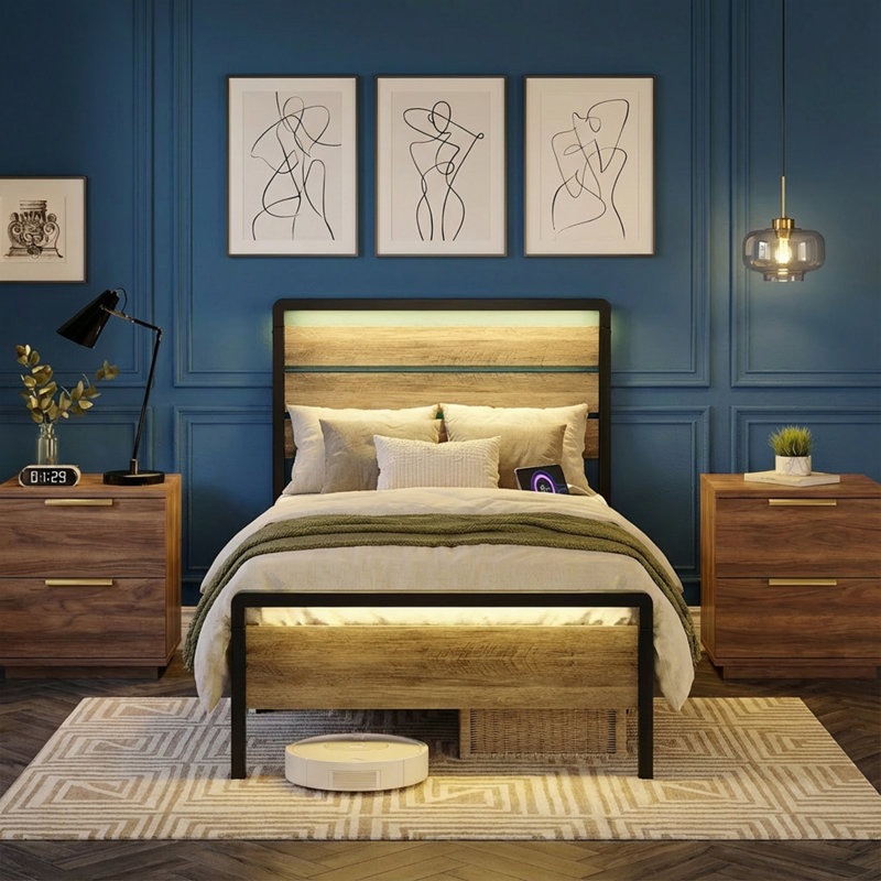 Twin Size Gray Bed Frame With Led Light And Charging Station, Metal Platform Bed With Wood Headboard, Gray, Twin