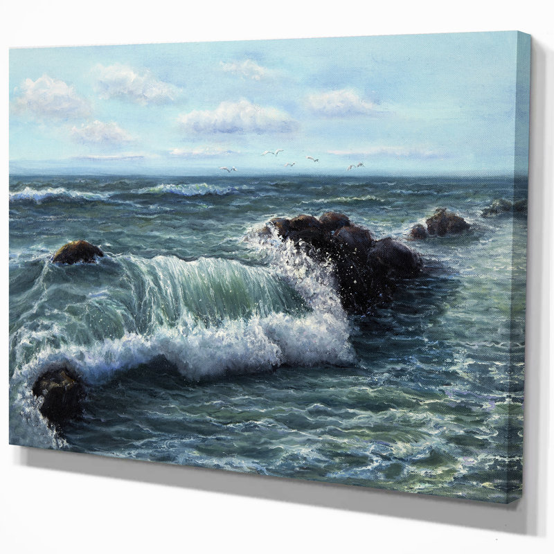 Vagues déferlantes et rochers-impression d’art graphique sur toile tendue, H 20 po x l 20 po x P 1 po