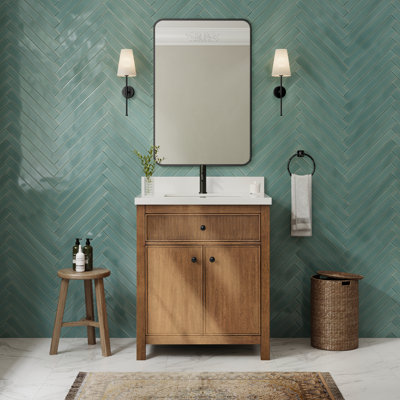 Meuble-lavabo simple 30 po Rian en noyer grillé, comptoir en quartz blanc, lavabo carré encastrable (1 trou), garniture noir mat