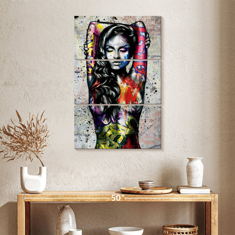Portrait de femme grunge sur toile, ensemble de 3 pièces, H 38 po x l 24 po x P 1,25 po